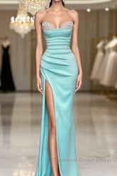Mermaid Beaded Strapless Blue Satin Split Dress